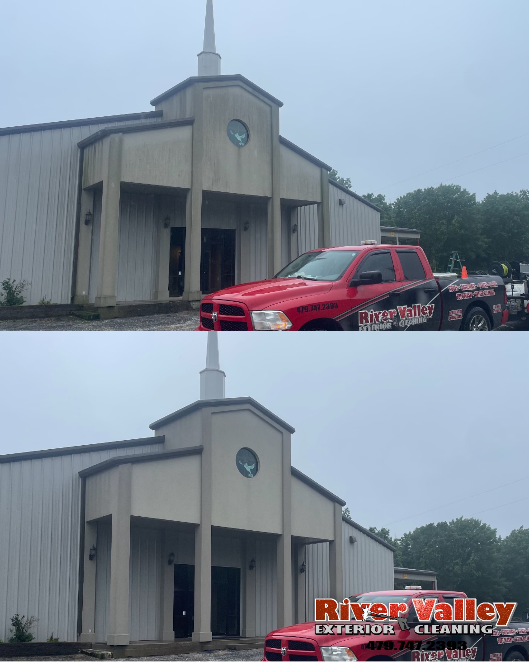 Before and after of a building soft washed, service truck on site