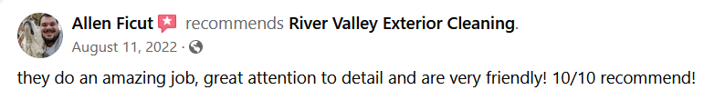 Screenshot of a Facebook recommendation for River Valley Exterior Cleaning from Allen Ficut