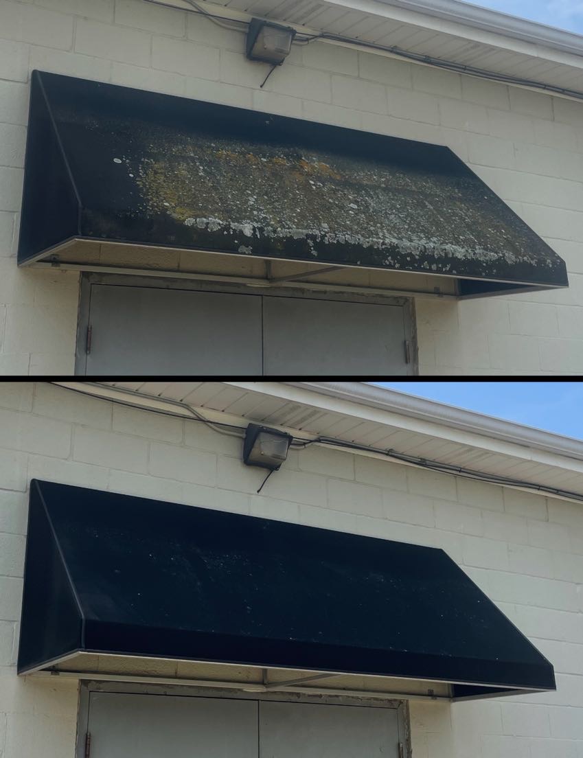 Before and after of a commercial awning cleaned