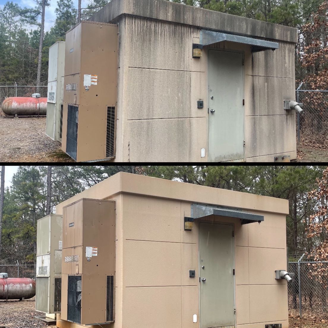 Before and after of a building facade washed down