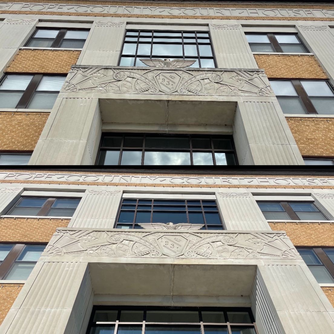 Before and after of the Pope County Courthouse facade after exterior cleaning