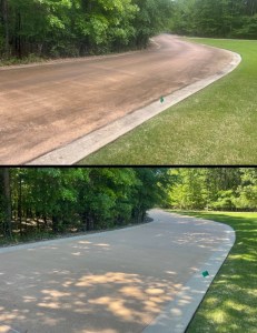 Before and after of a long concrete driveway cleaned end to end