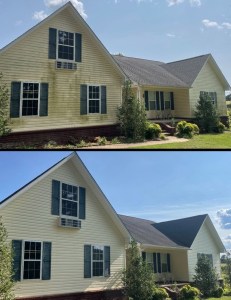Before and after of a yellow house exterior after a full wash