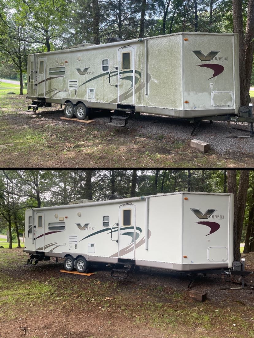 Before and after of a road-filmed RV washed clean