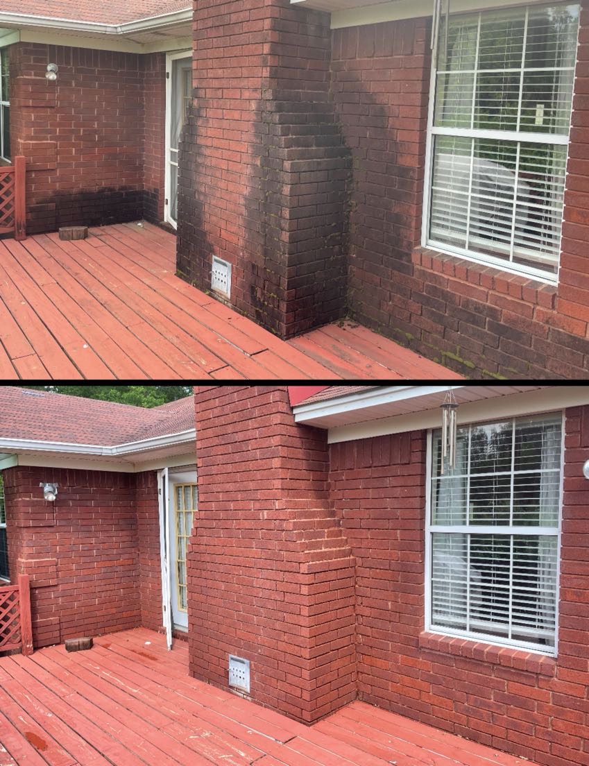 Before and after of a brick chimney and wall beside a deck