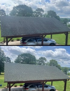 Before and after of a roof slope with organic growth removed