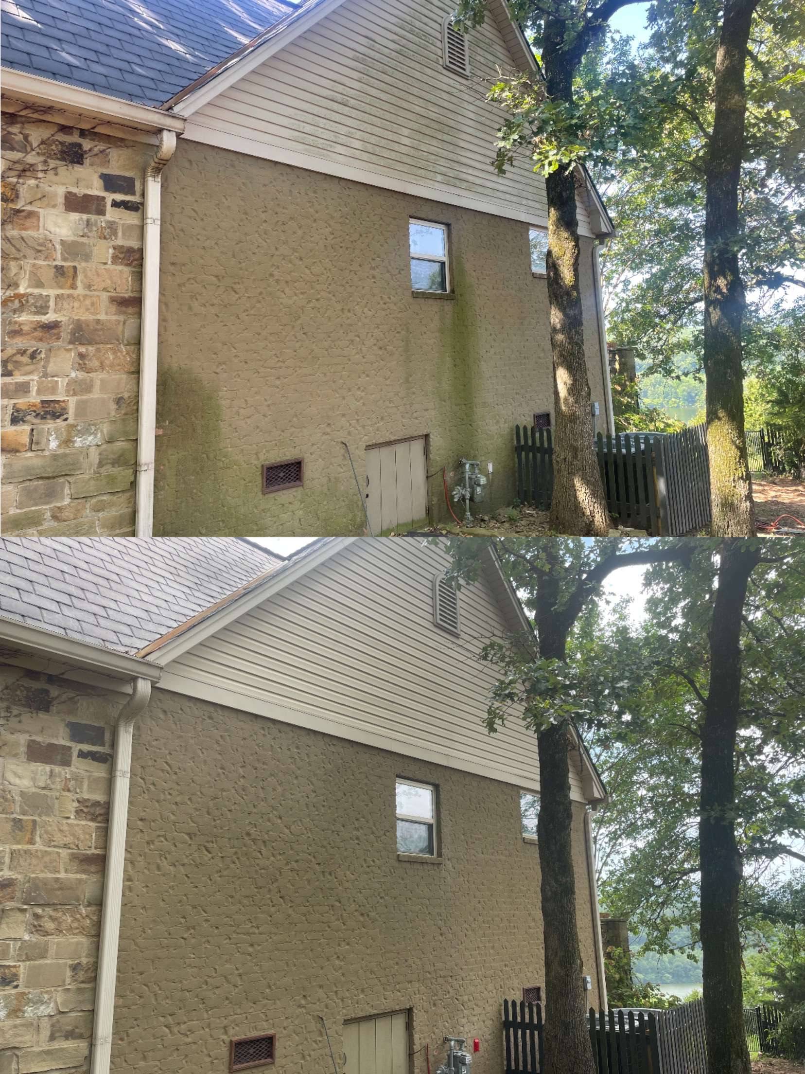 Before and after of an exterior house wall cleaned