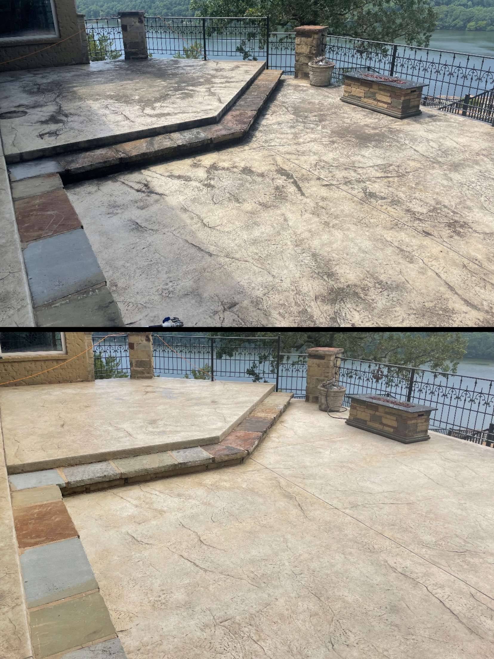 Before and after of a concrete patio cleaned with a surface cleaner