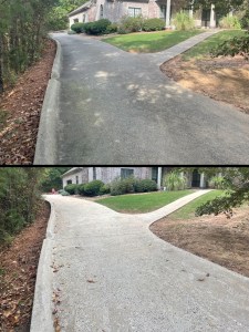 Before and after of a concrete driveway: dark stained slab above, bright clean concrete below
