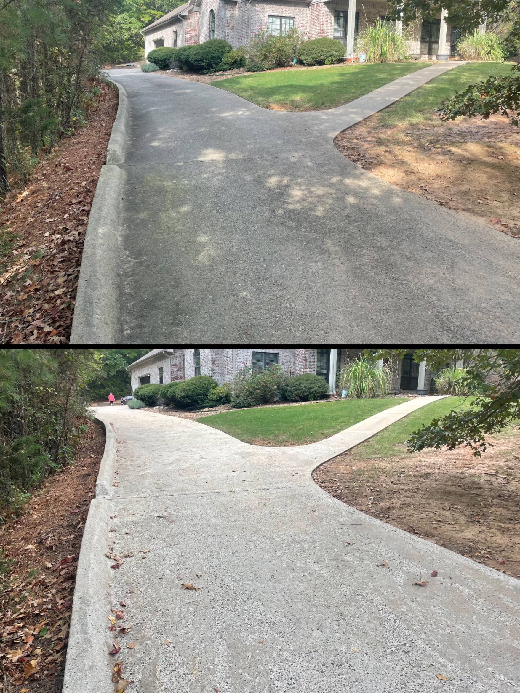 Before and after of a residential concrete driveway pressure washed