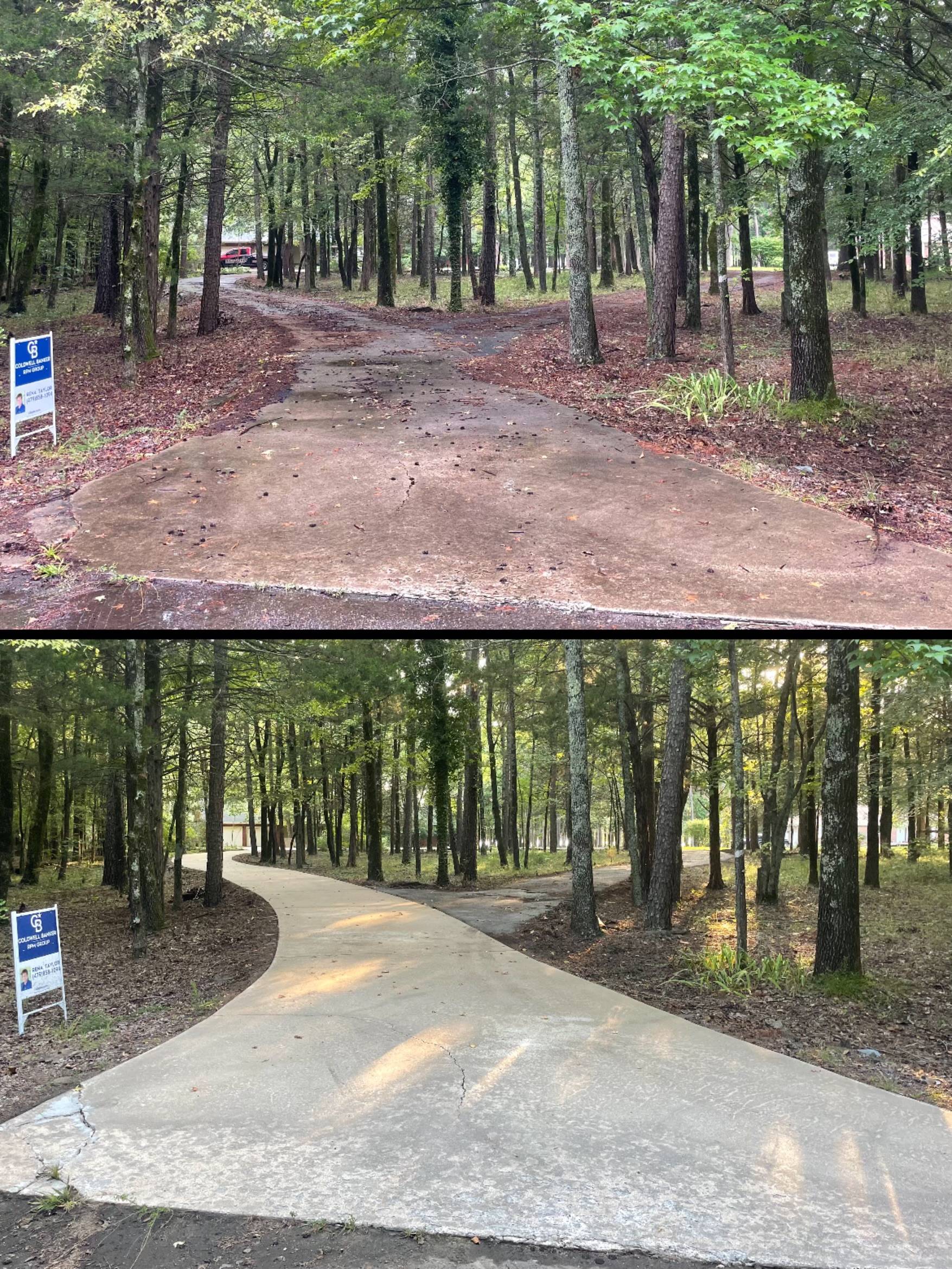 Before and after of a leaf stained paved driveway cleaned