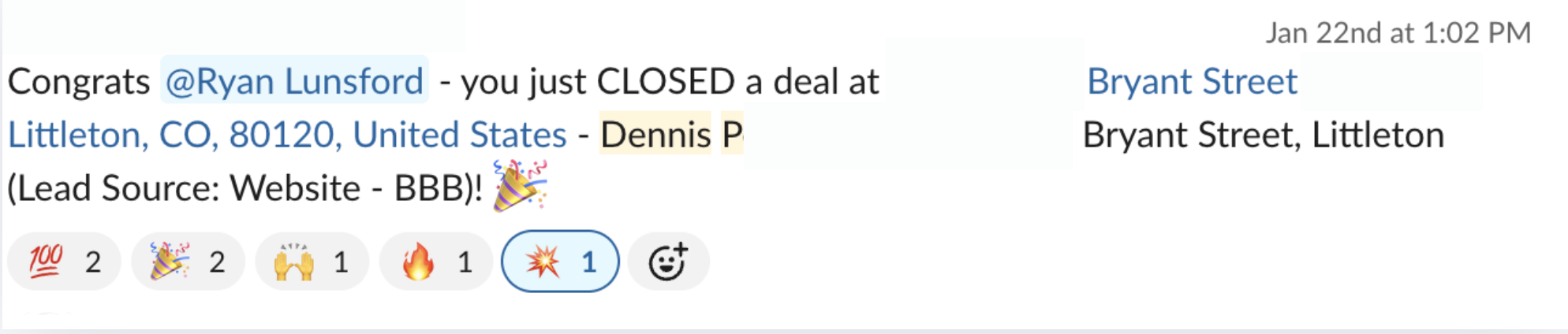 Slack message announcing the closed deal
