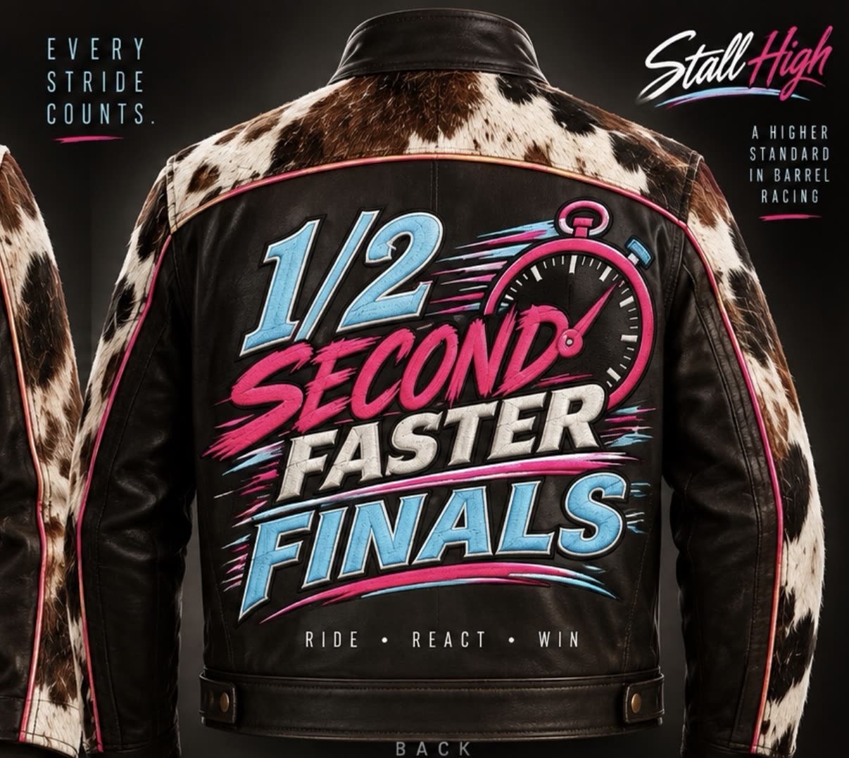 Back of the Team Stall High Finals jacket: cowhide yoke, black leather, ½ Second Faster Finals graphic