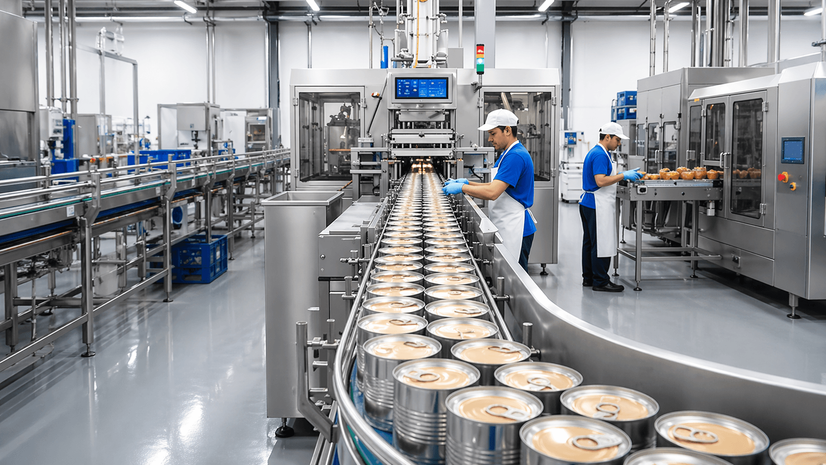 Canning line producing soup cans in a food processing facility