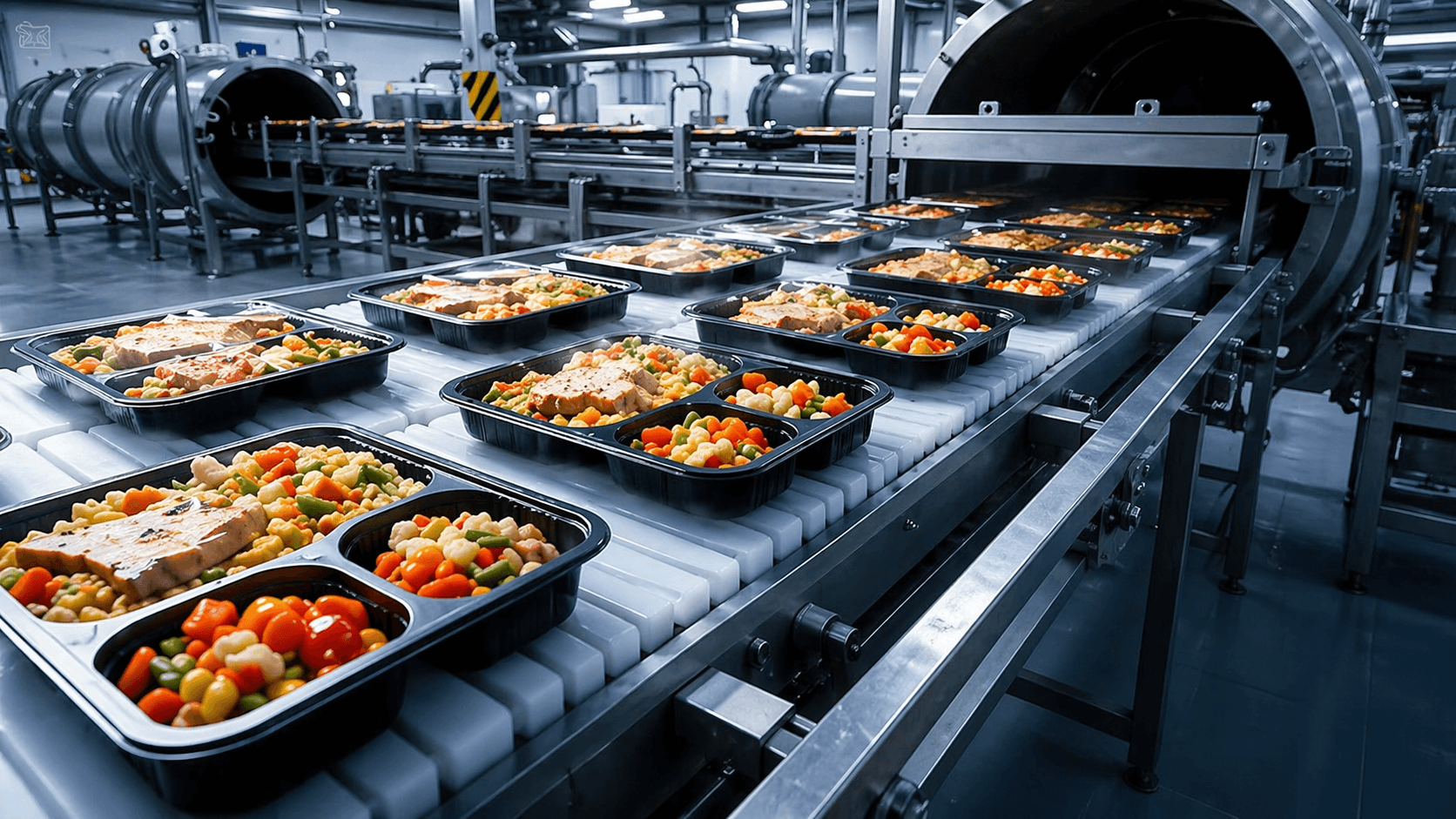 Ready-to-eat cooked food moving along a conveyor belt