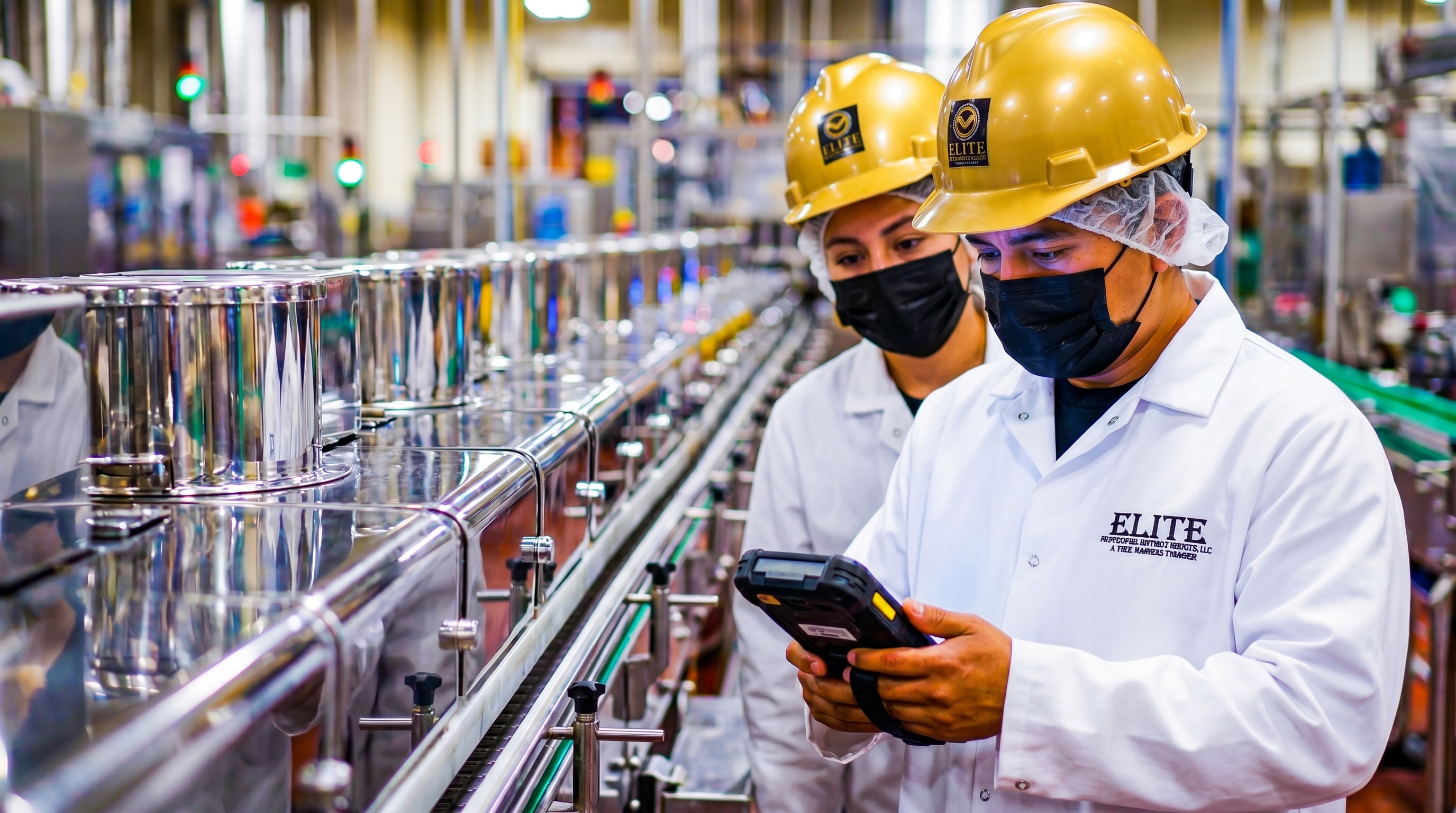 Elite inspectors in hairnets and full PPE conducting compliance review at a food processing facility