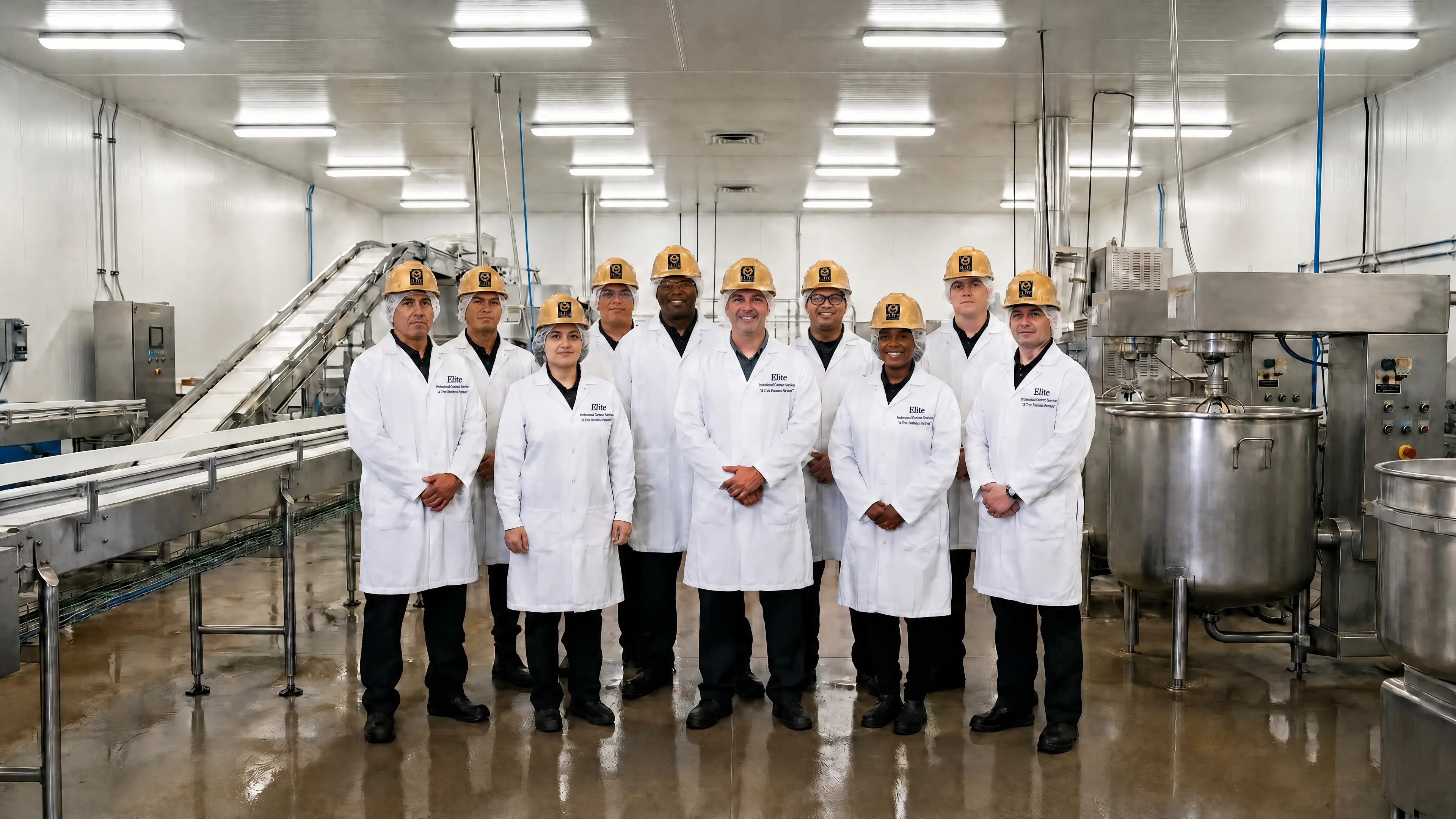 Elite Professional Contract Services team in compliant PPE at a food processing facility