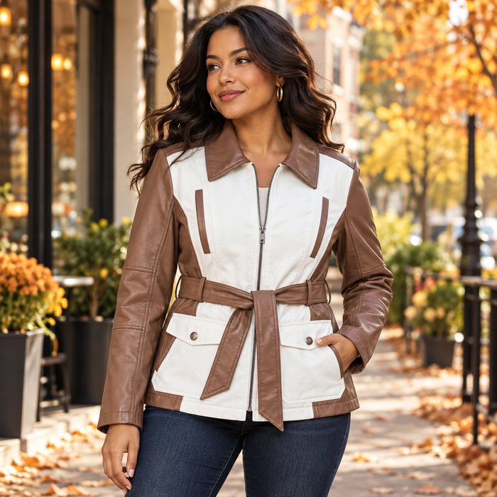 Brown and white belted jacket