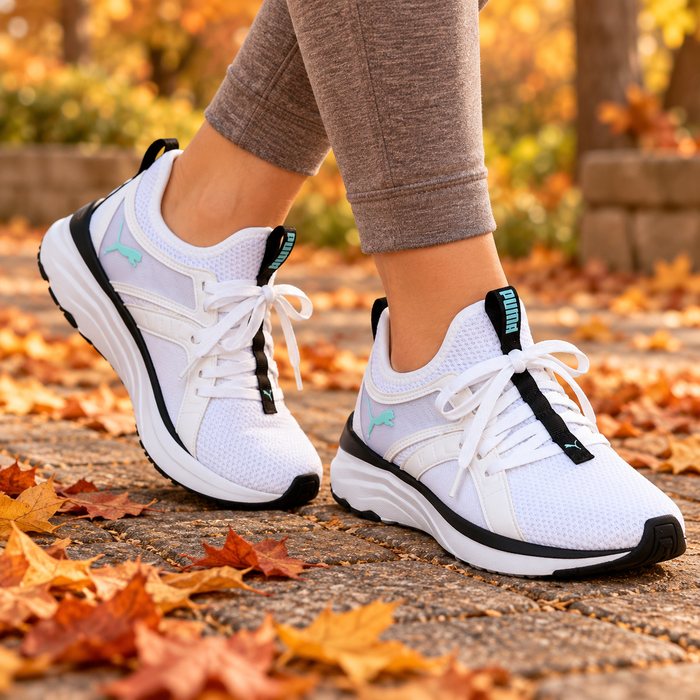 White Puma sneakers on a fall path
