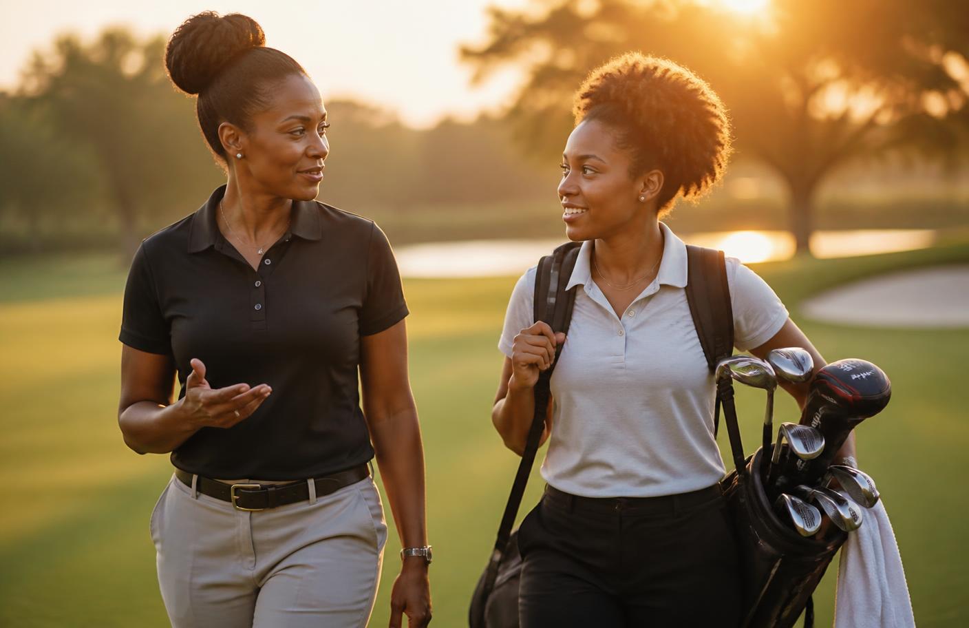 A mentor and a young adult walking the course together at sunset