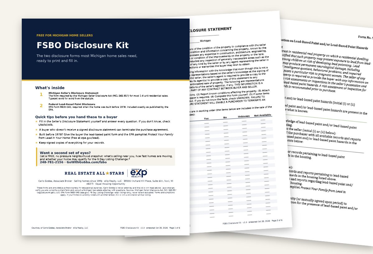 Preview of the FSBO Disclosure Kit: Michigan Seller's Disclosure Statement and federal lead-based paint disclosure