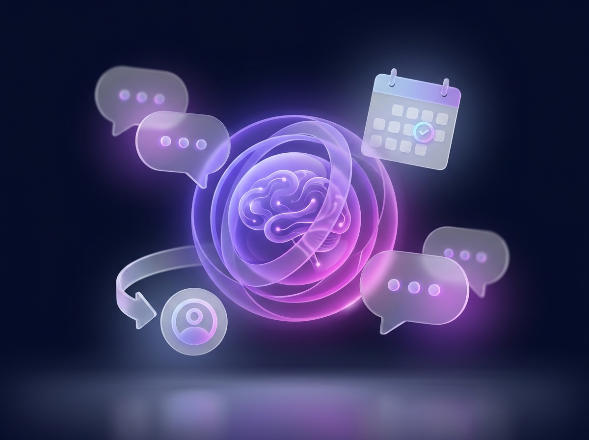 Illustrazione: assistente IA che gestisce conversazioni, prenota appuntamenti e passa il contatto a una persona del team