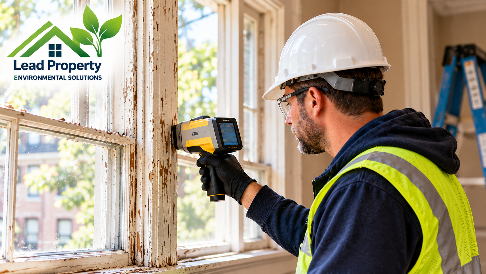 XRF lead paint testing on an older painted window.