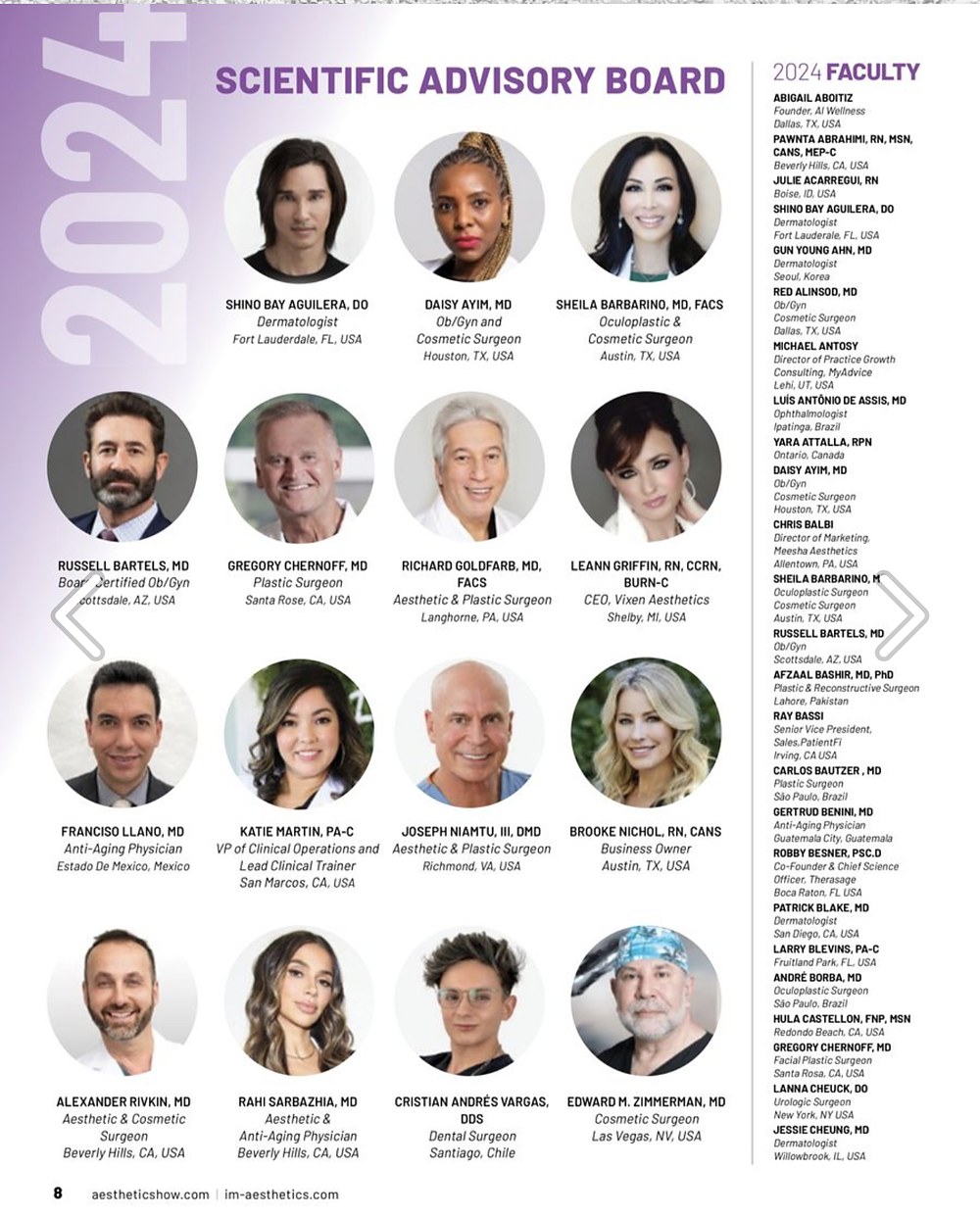 Página del programa de The Aesthetic Show 2024 con el listado del Scientific Advisory Board