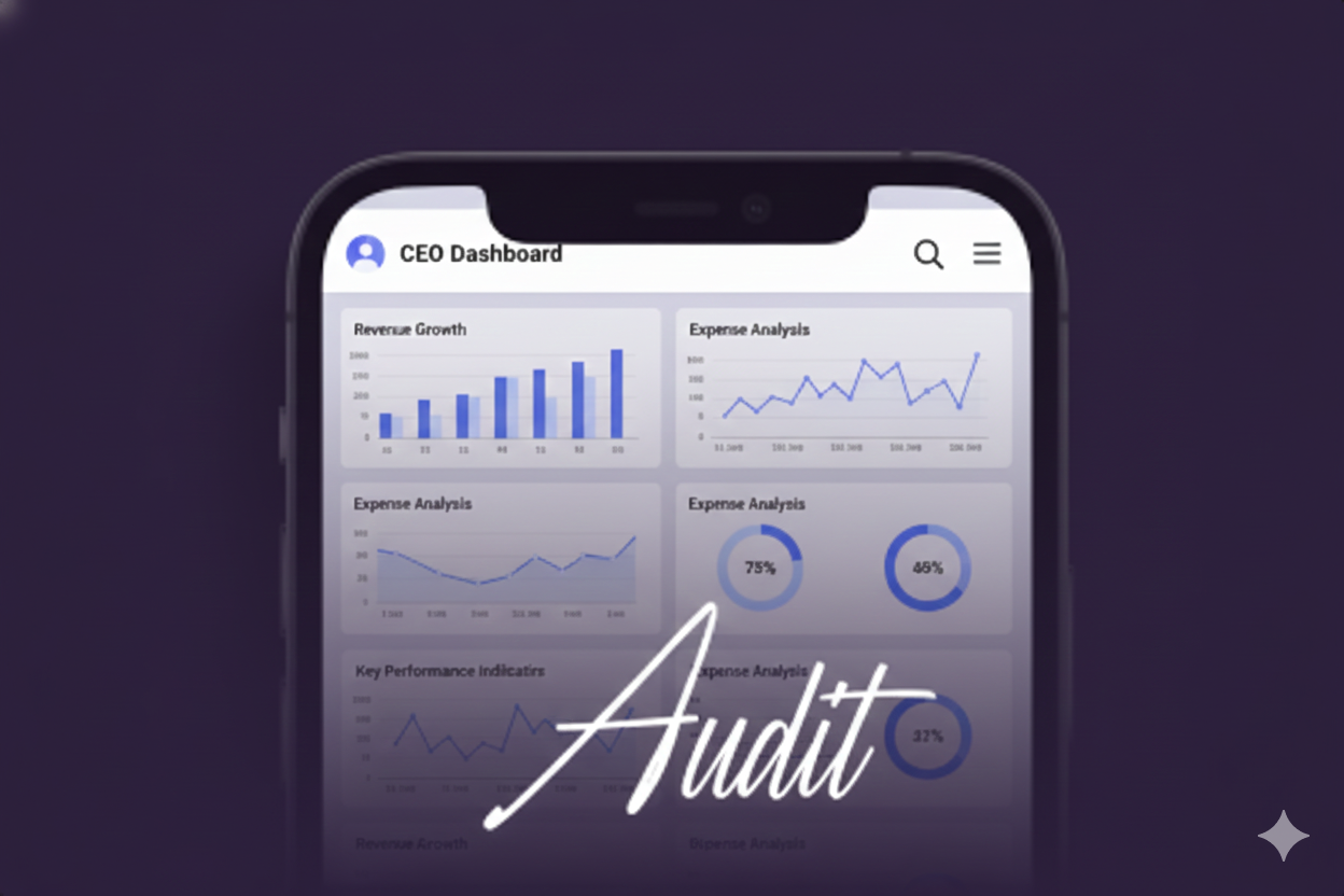 Header image for 5‑Pillar Audit: stylized checklist/infographic showing five pillars — Operations Audit, Financial Snapshot, AI Vulnerability, Succession Insights, Actionable Recommendations — with highlights: Full 10‑page diagnostic; Scores across all 5 pillars; Actionable recommendations; One-time $997; deep purple background with light purple accents and pale cream text for high contrast.