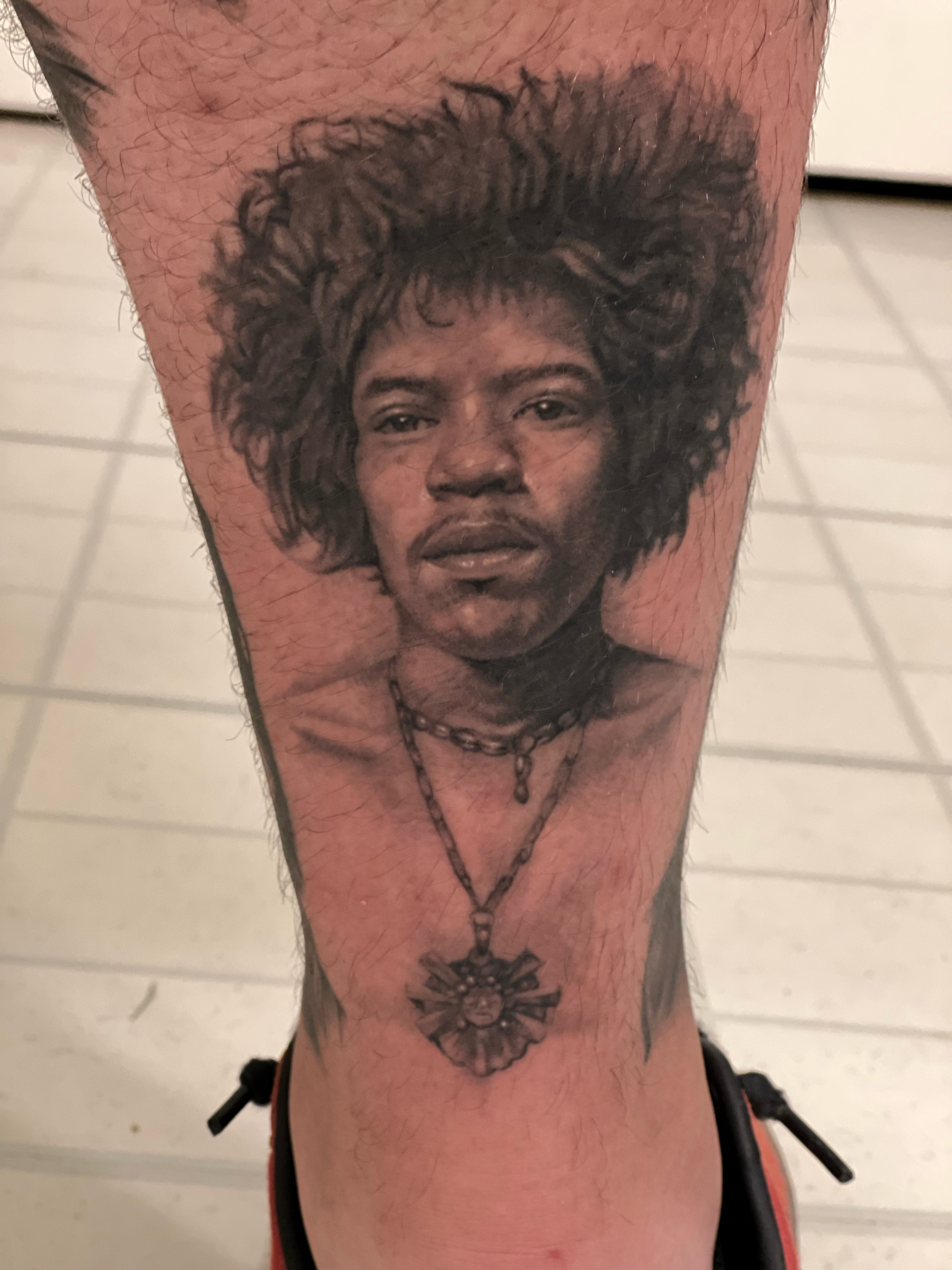 Healed Jimi Hendrix portrait tattoo by Eric Bess