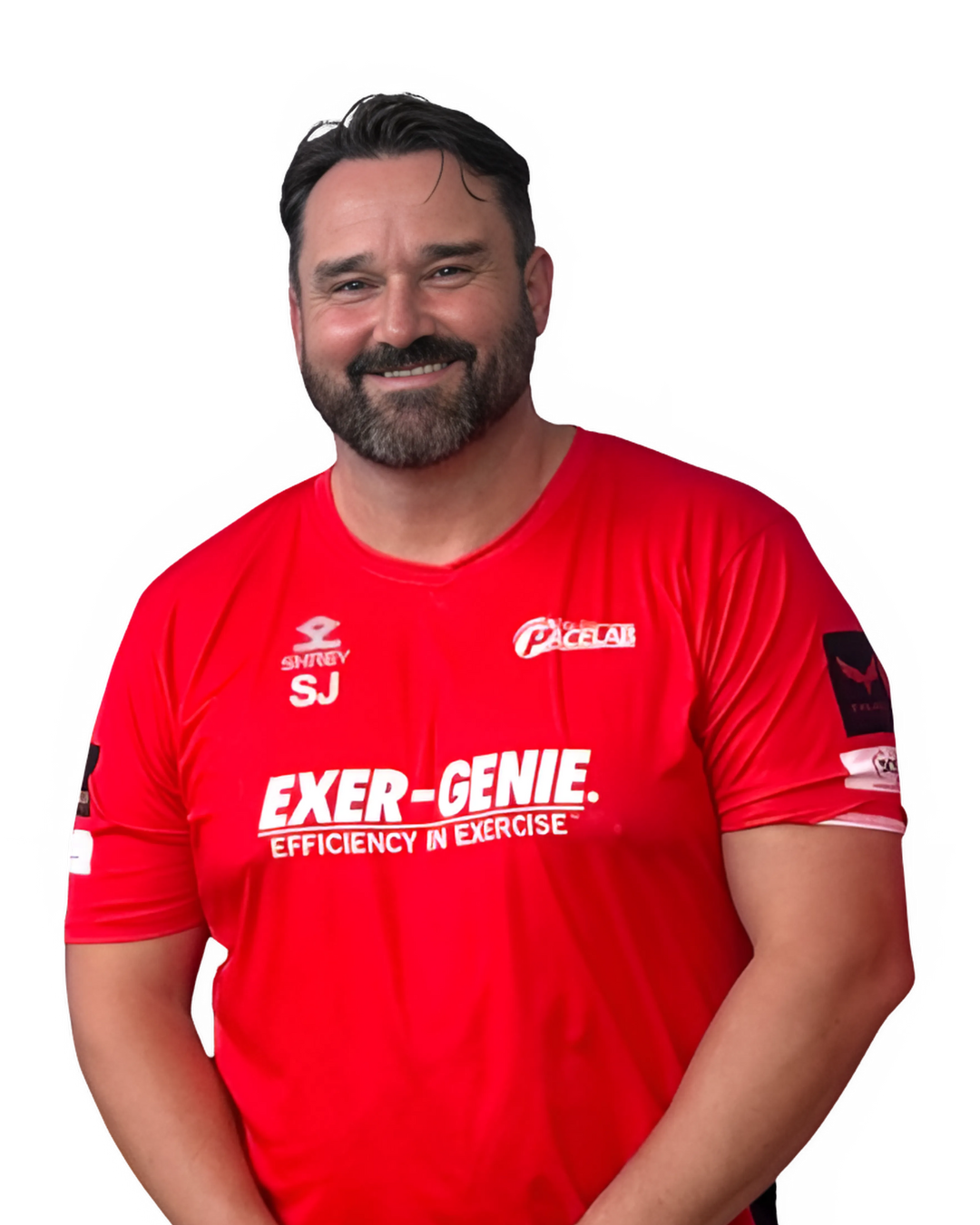 Smiling coach in red PaceLab shirt, promoting fast bowling training and biomechanics, featuring "EXER-GENIE" logo, emphasizing efficiency in exercise.