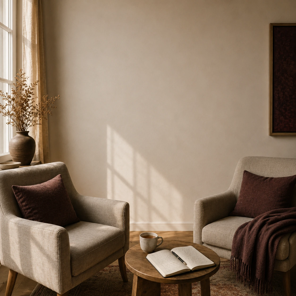 Two soft armchairs facing each other in a sunlit room