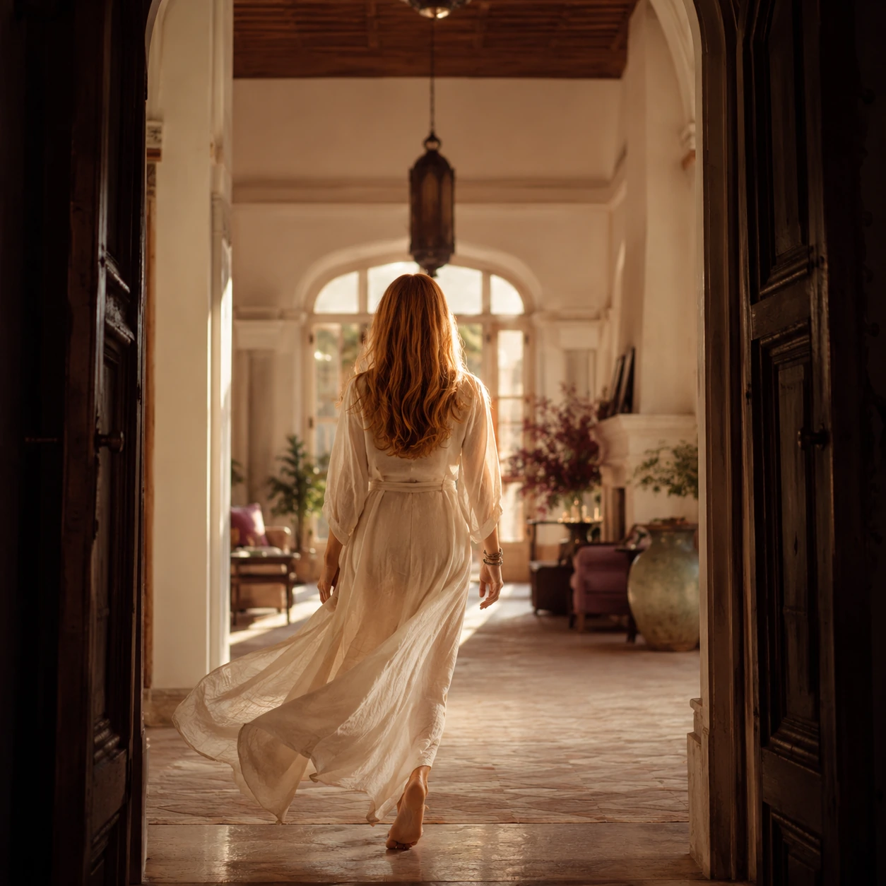 A woman walking through a sunlit archway, a threshold being crossed