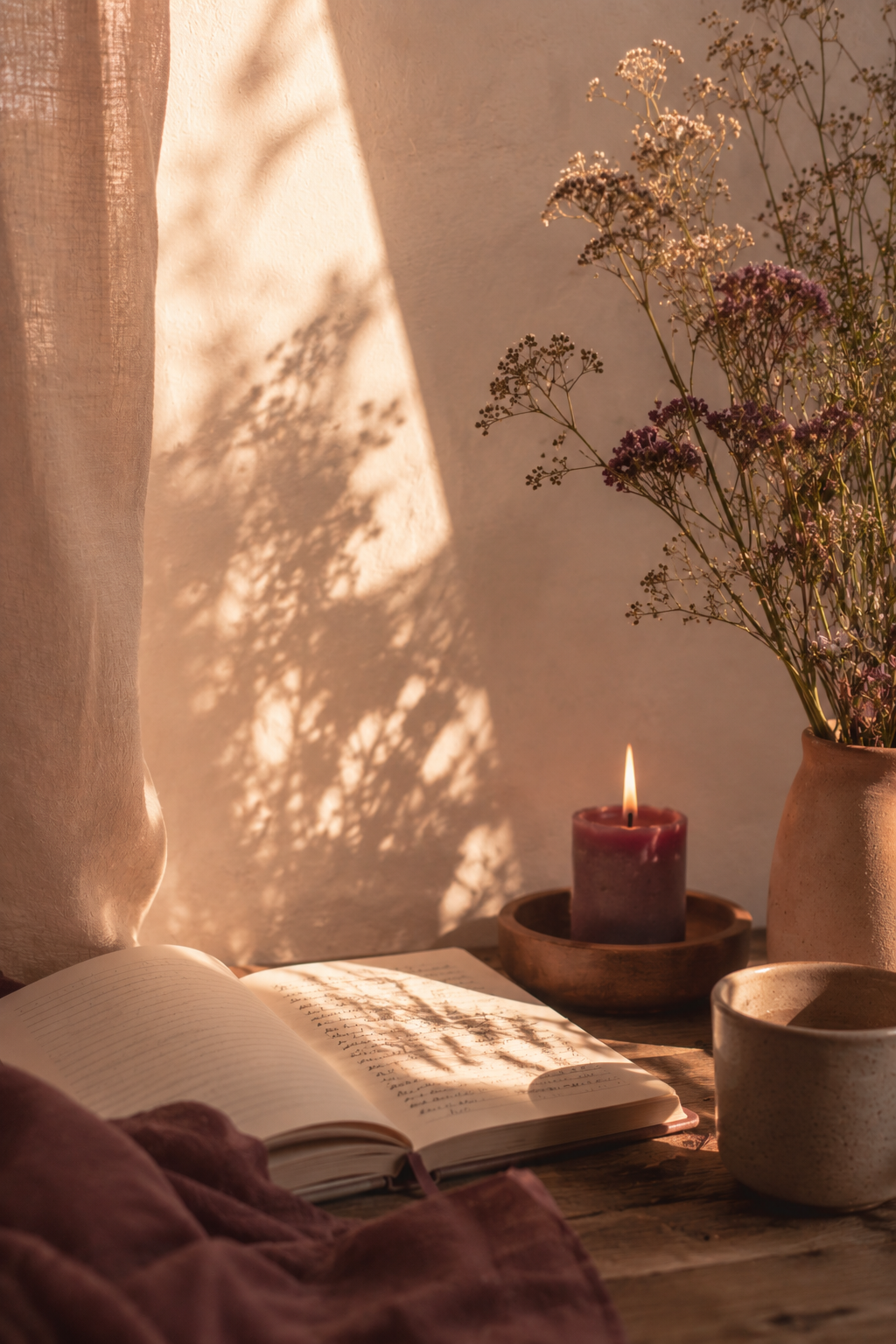 A candlelit journal in golden-hour light