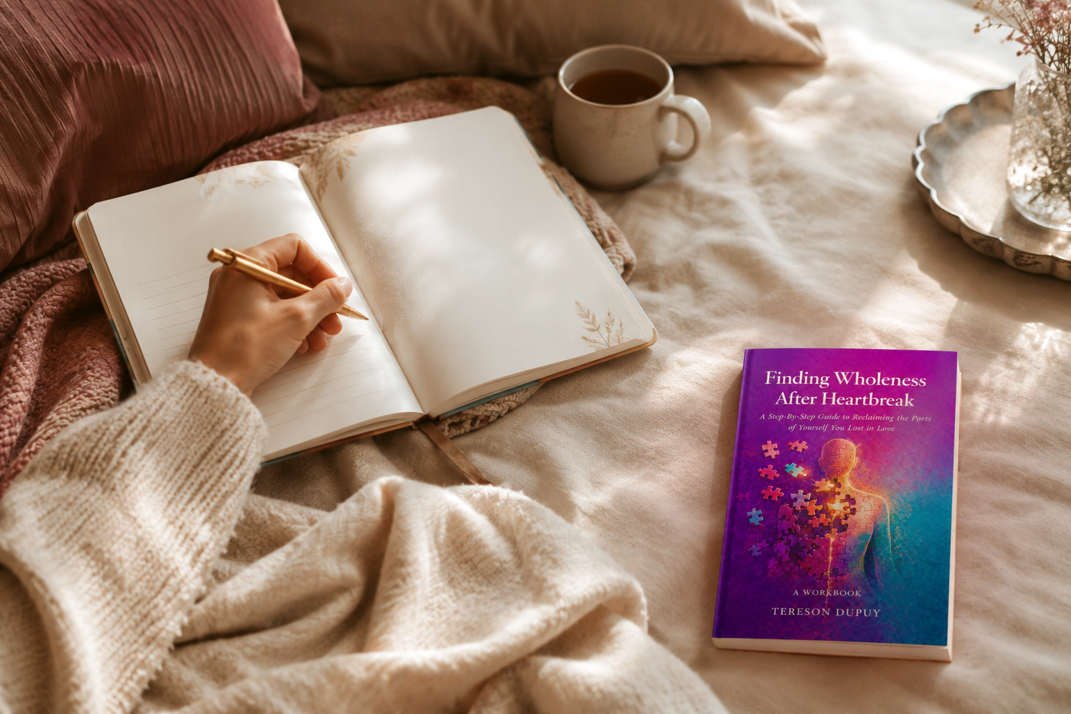 Finding Wholeness After Heartbreak, the workbook, beside an open journal