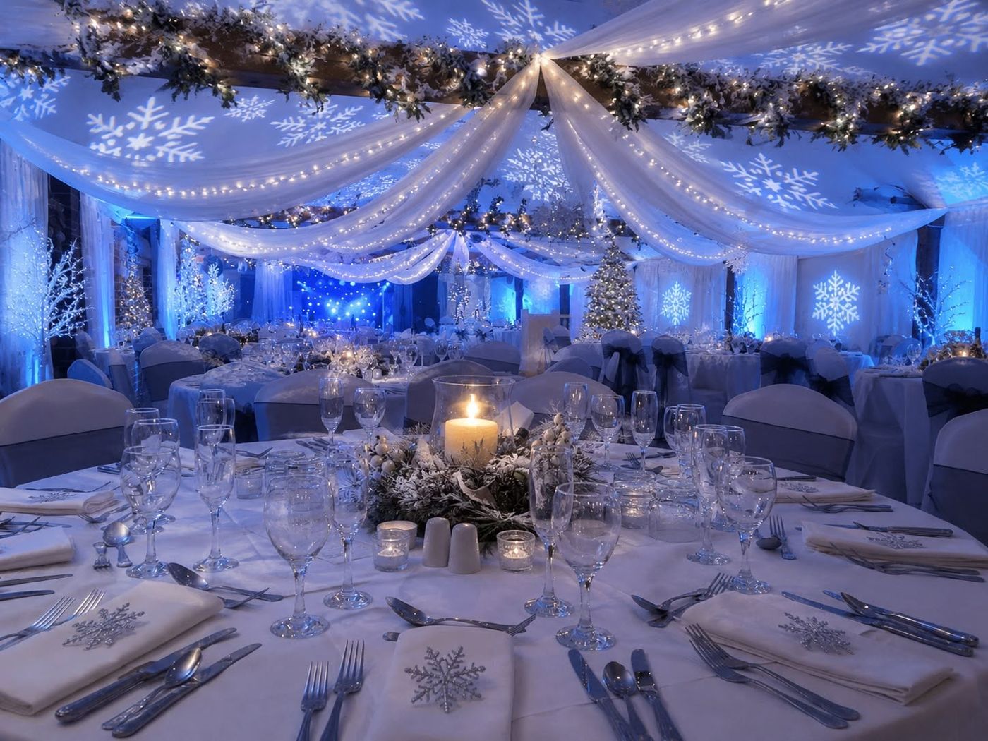The Venue at Kersey Mill dressed for Christmas with draped white fabric, fairy lights, snowflake projections and candlelit tables