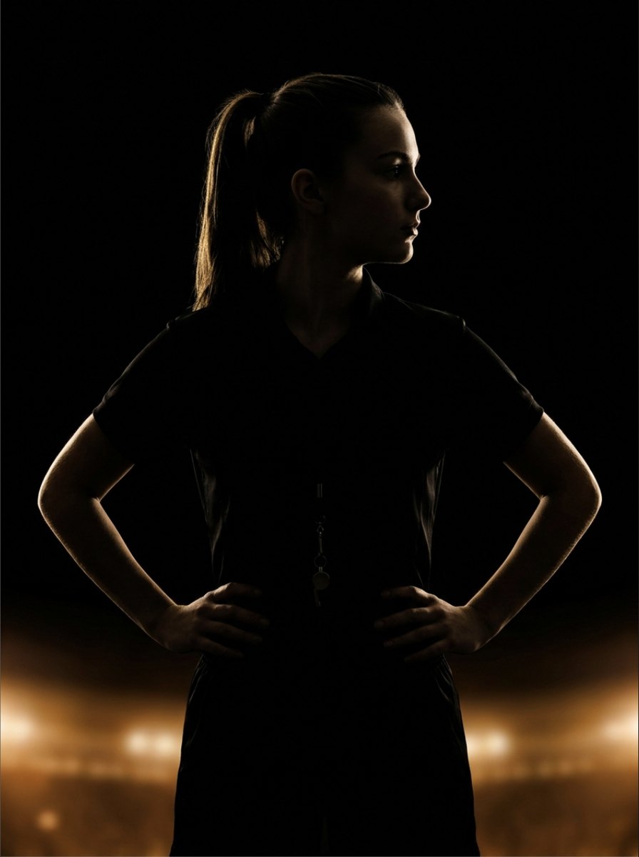 Dark silhouette of a teenage girl official standing confidently, hands on hips
