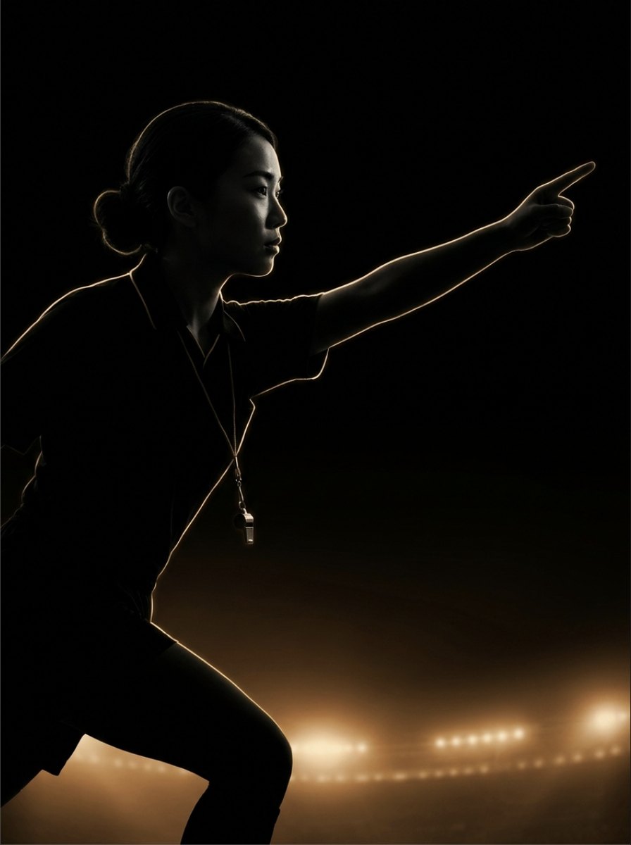Dark silhouette of a young woman referee pointing a call