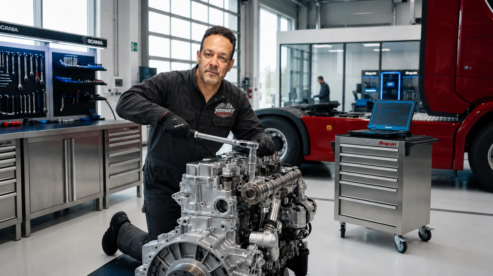 Modern diesel mechanic shop — technician working on a heavy-duty diesel engine with precision tools and diagnostic equipment
