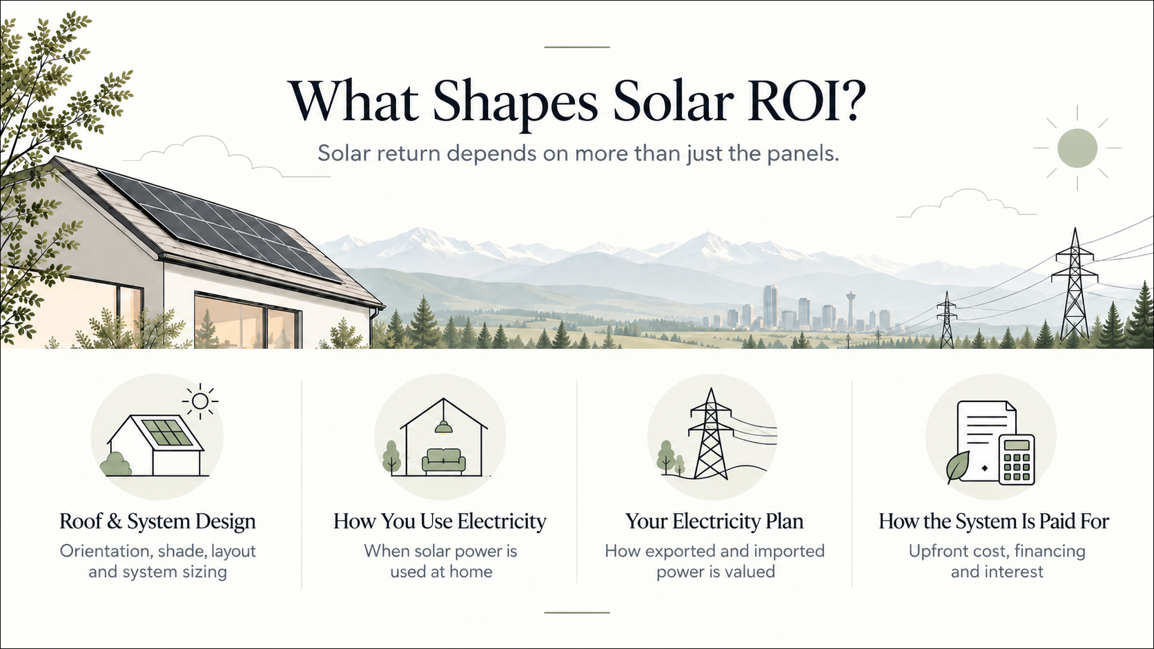 Solar ROI factors including roof design, electricity use, utility plan and financing. Solar ROI factors including roof design, electricity use, utility plan and financing.