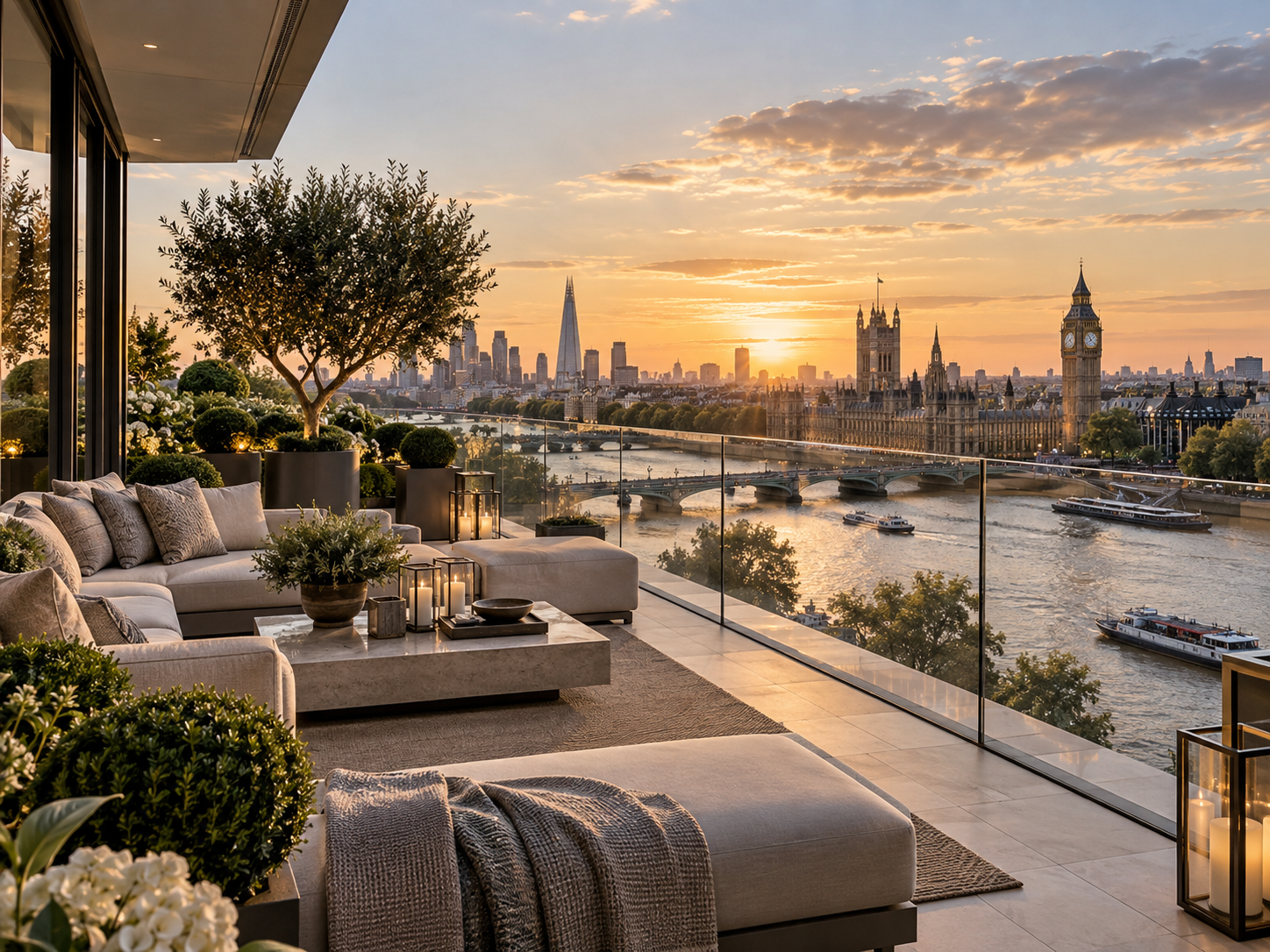 Ultra luxury London penthouse interior with floor to ceiling windows