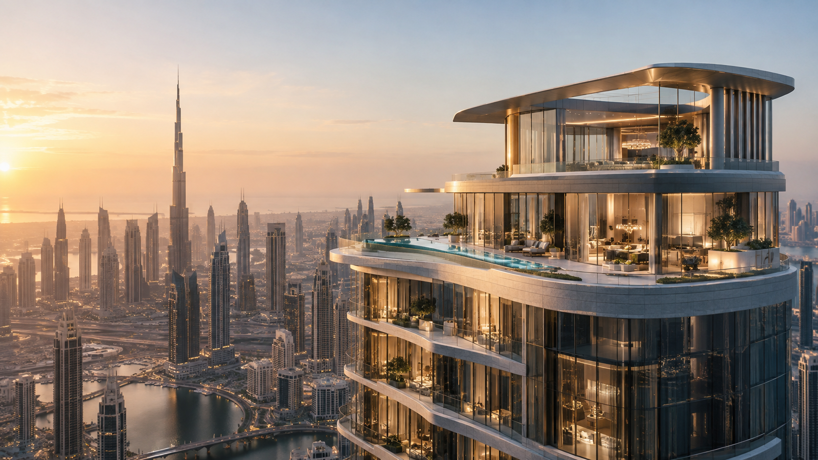 Ultra luxury penthouse interior with floor to ceiling windows
