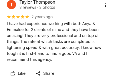 Five-star Google review from Taylor Thompson