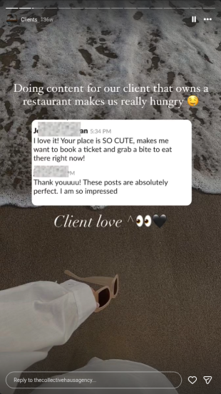 Instagram story: restaurant client loving their new posts