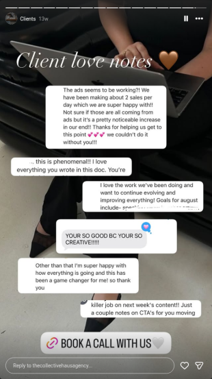 Instagram story: client notes about ad results