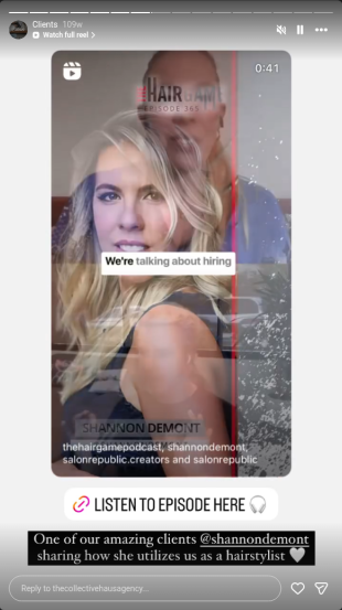 Instagram story: podcast episode featuring client Shannon Demont