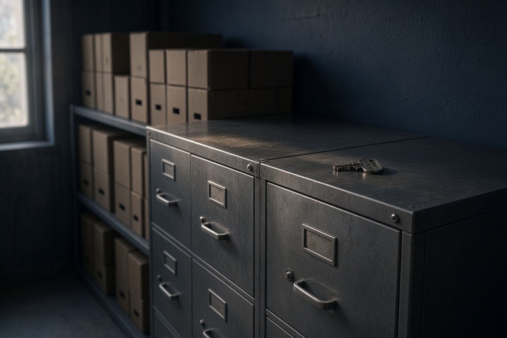 Locked steel filing cabinets with a key resting on top