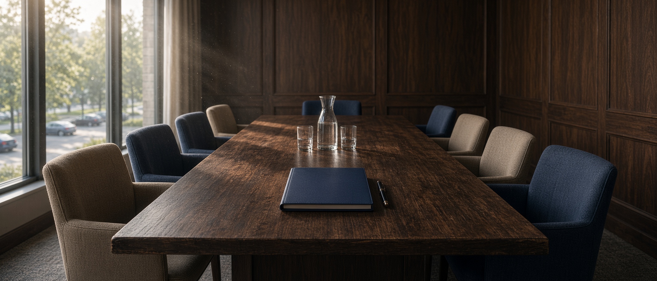 Empty conference table with a closed portfolio and water glasses