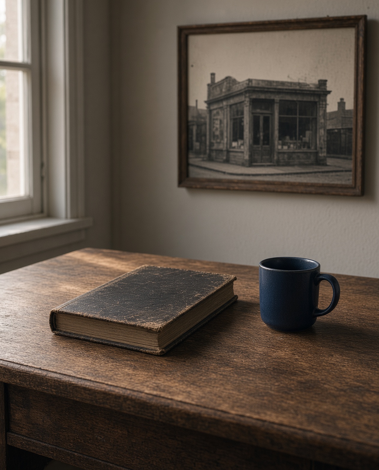Office desk by a window with a ledger, mug and framed photo of an early storefront
