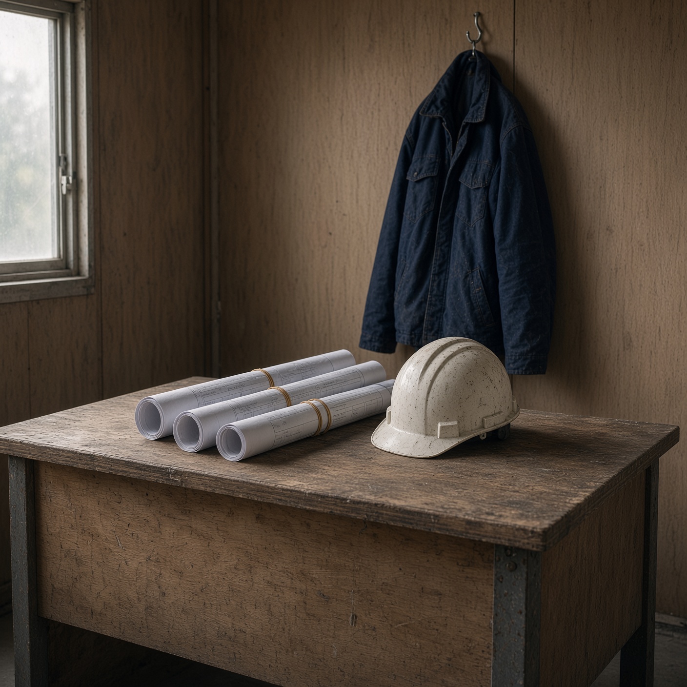 Rolled blueprints and a hard hat on a site-office desk
